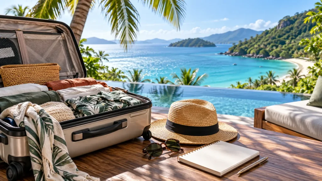 Open suitcase, sun hat and notebook beside a pool overlooking a tropical bay while planning a stay at the best resort in Phuket
