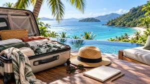Open suitcase, sun hat and notebook beside a pool overlooking a tropical bay while planning a stay at the best resort in Phuket