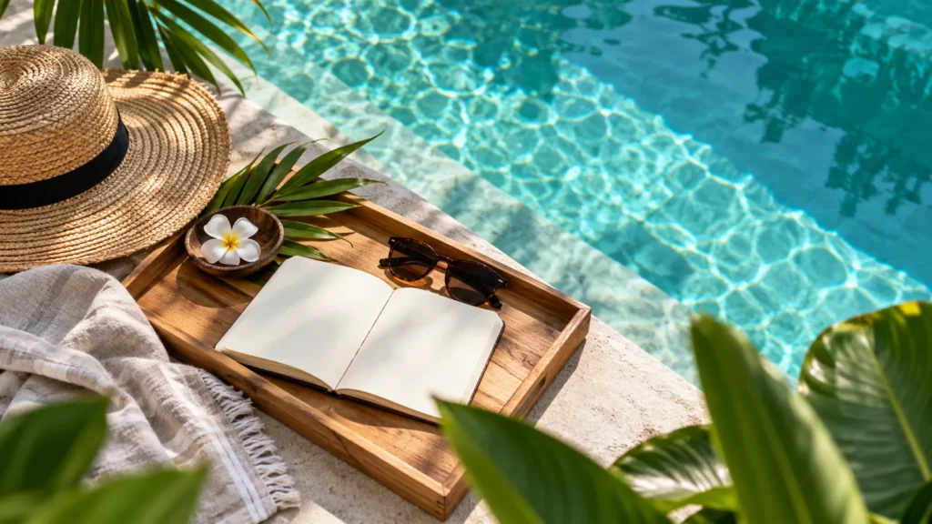Poolside tray with an open notebook, sunglasses and a sun hat, used to plan a shortlist of hotels in Patong